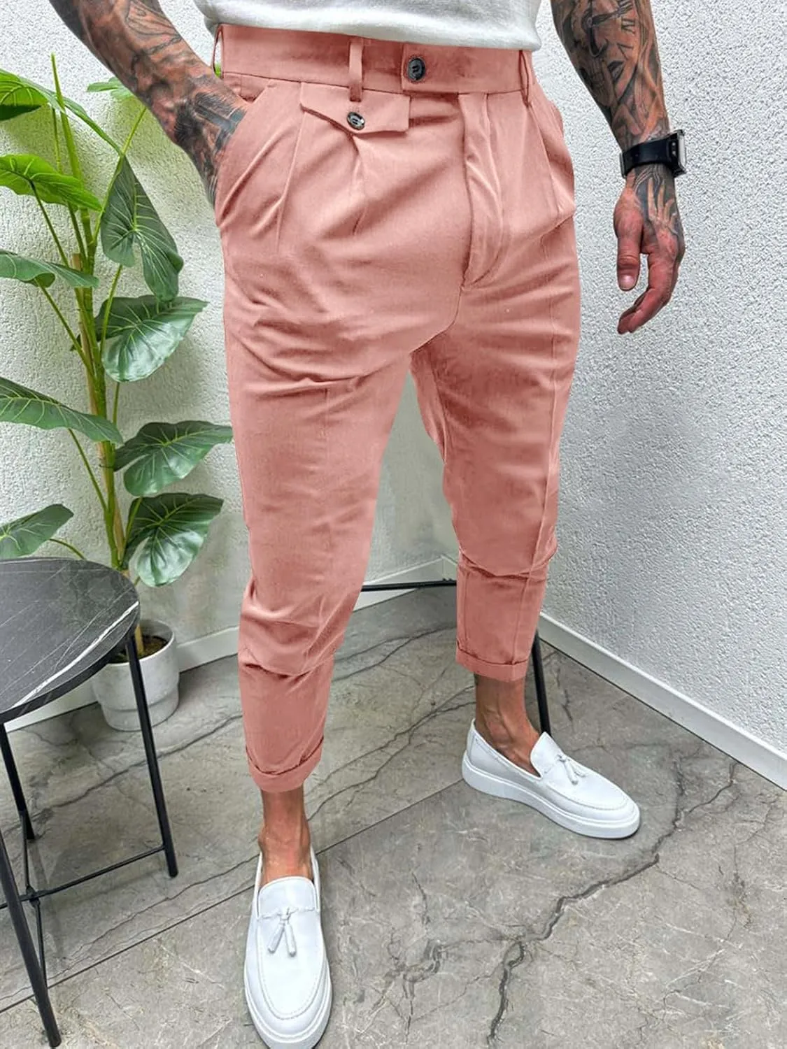 Runcati Mens Slim Fit Dress Pants Pleated Front Skinny Stretch Business Suit Trousers Classic Tapered Work Slacks