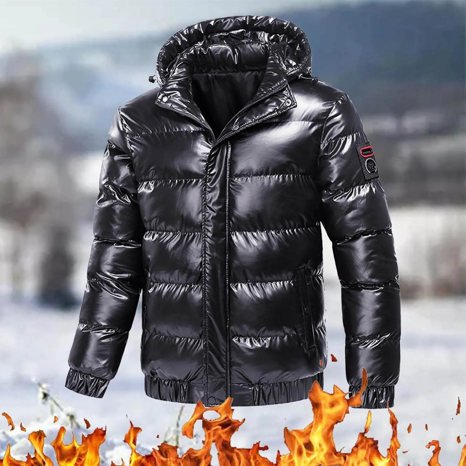 Saohuo Winter Puffer Jacket for Men Warm Thicken Shiny Zip Down Jackets with Detachable Hood Bubble Overcoat Outerwear