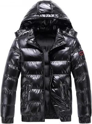 Saohuo Winter Puffer Jacket for Men Warm Thicken Shiny Zip Down Jackets with Detachable Hood Bubble Overcoat Outerwear