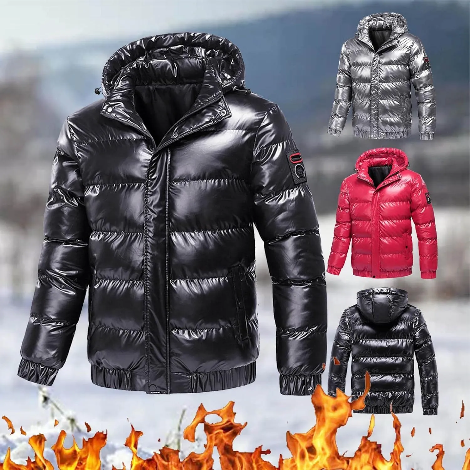 Saohuo Winter Puffer Jacket for Men Warm Thicken Shiny Zip Down Jackets with Detachable Hood Bubble Overcoat Outerwear