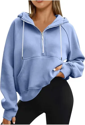 SEAOPEN Half Zip Sweatshirts Women Cropped Hoodies Long Sleeve Drawstring Pullover Top Fall Fleece Jackets with Pocket