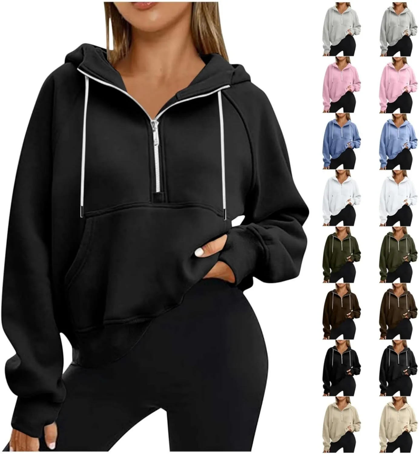 SEAOPEN Half Zip Sweatshirts Women Cropped Hoodies Long Sleeve Drawstring Pullover Top Fall Fleece Jackets with Pocket