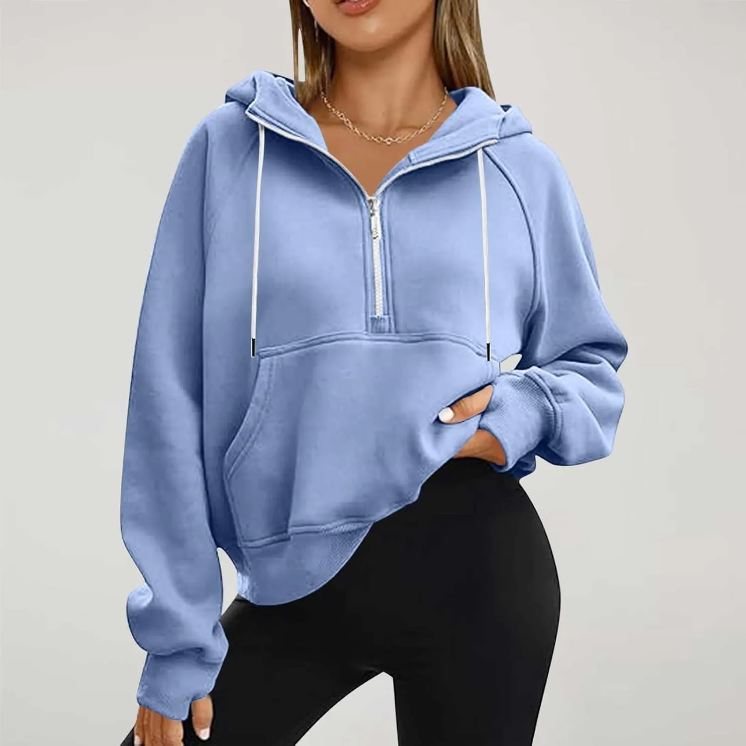 SEAOPEN Half Zip Sweatshirts Women Cropped Hoodies Long Sleeve Drawstring Pullover Top Fall Fleece Jackets with Pocket