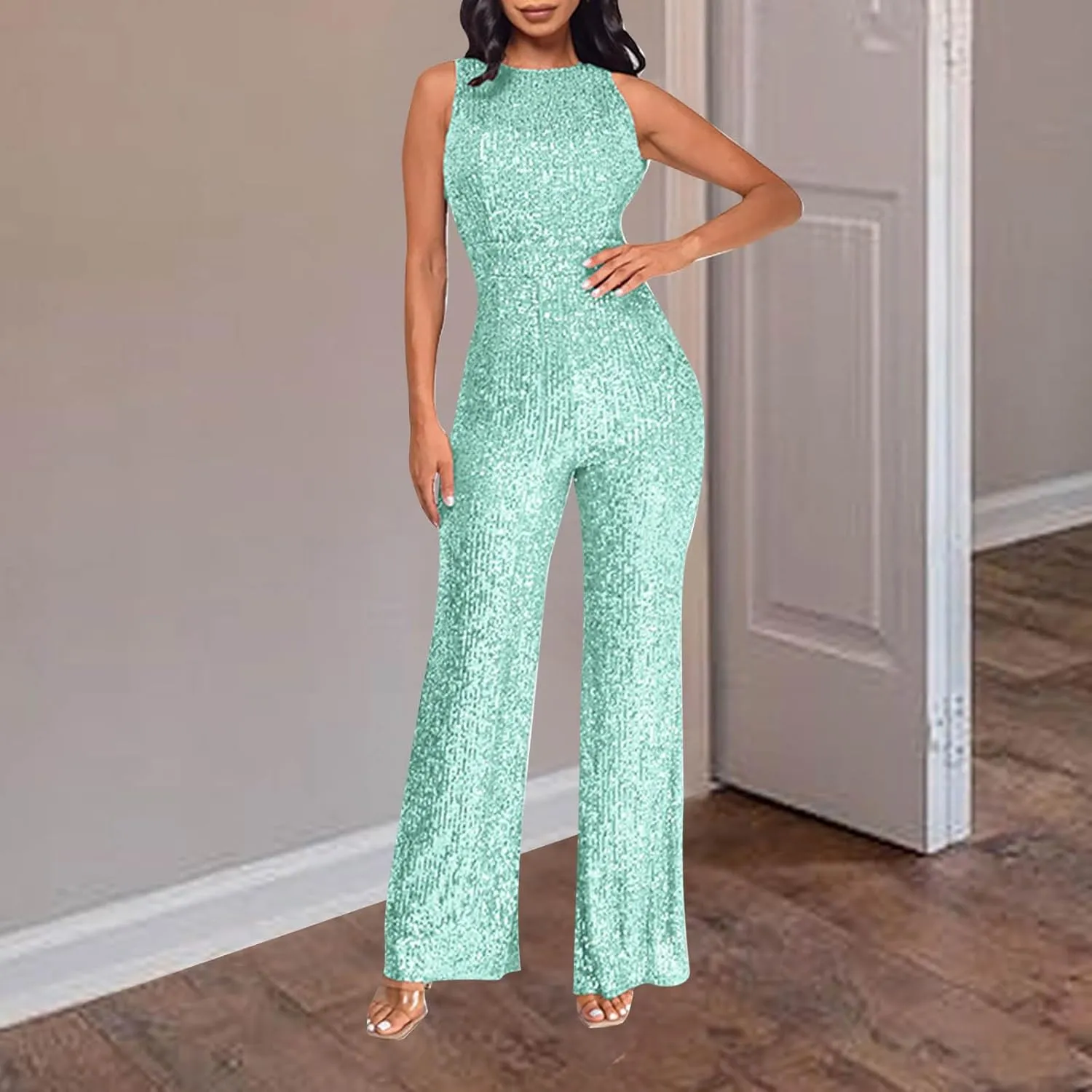 Sequin Halter Jumpsuit for Women Y2K Fashion Streetwear Athletic Dressy Party Romper Sexy Sleeveless V Neck Overalls