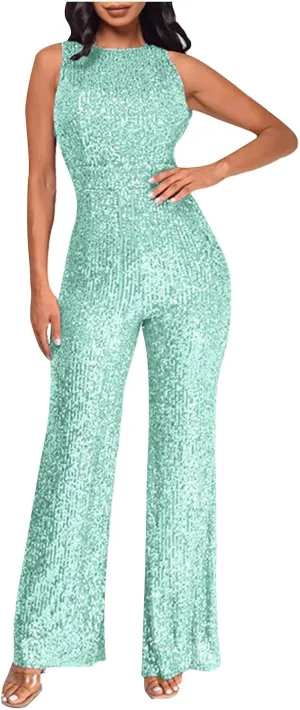 Sequin Halter Jumpsuit for Women Y2K Fashion Streetwear Athletic Dressy Party Romper Sexy Sleeveless V Neck Overalls