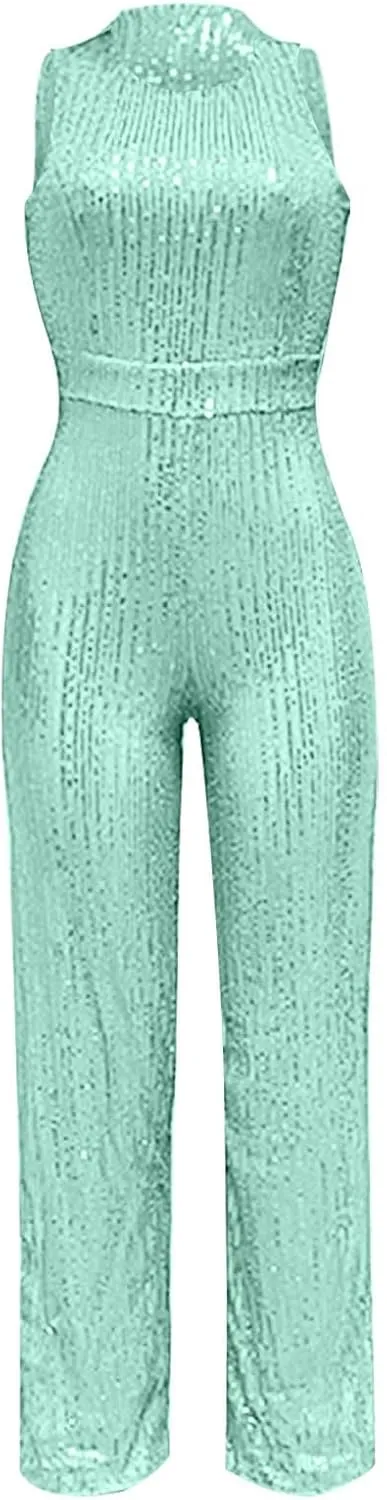 Sequin Halter Jumpsuit for Women Y2K Fashion Streetwear Athletic Dressy Party Romper Sexy Sleeveless V Neck Overalls