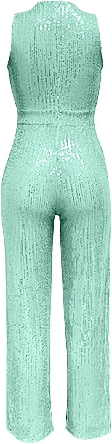 Sequin Halter Jumpsuit for Women Y2K Fashion Streetwear Athletic Dressy Party Romper Sexy Sleeveless V Neck Overalls