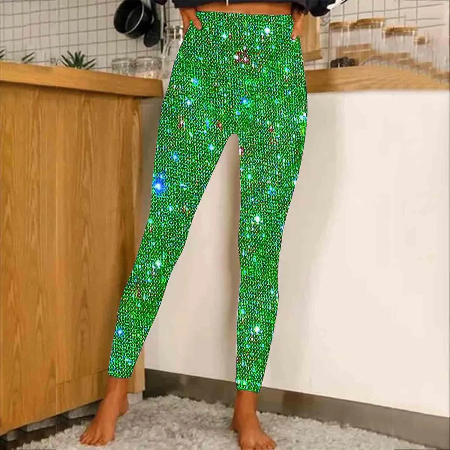 Sequin Print Pants Women Fashion Y2K Yoga Workout Leggings Stretch High Waisted Elastic Streetwear Cozy Lounge Slacks