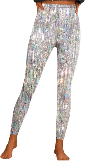 Sequin Print Pants Women Fashion Y2K Yoga Workout Leggings Stretch High Waisted Elastic Streetwear Cozy Lounge Slacks