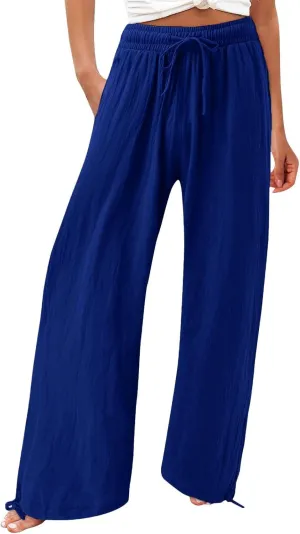 SHAOBGE Women Linen Palazzo Pants Summer Boho Wide Leg High Waist Casual Lounge Pant Trousers with Pockets