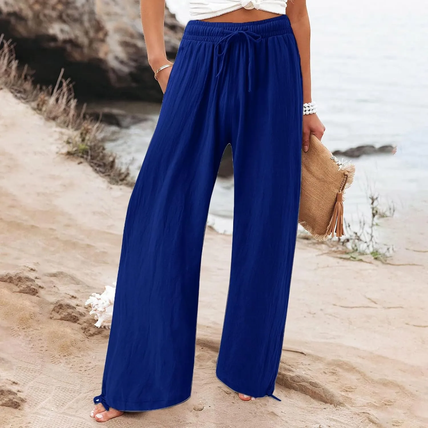 SHAOBGE Women Linen Palazzo Pants Summer Boho Wide Leg High Waist Casual Lounge Pant Trousers with Pockets