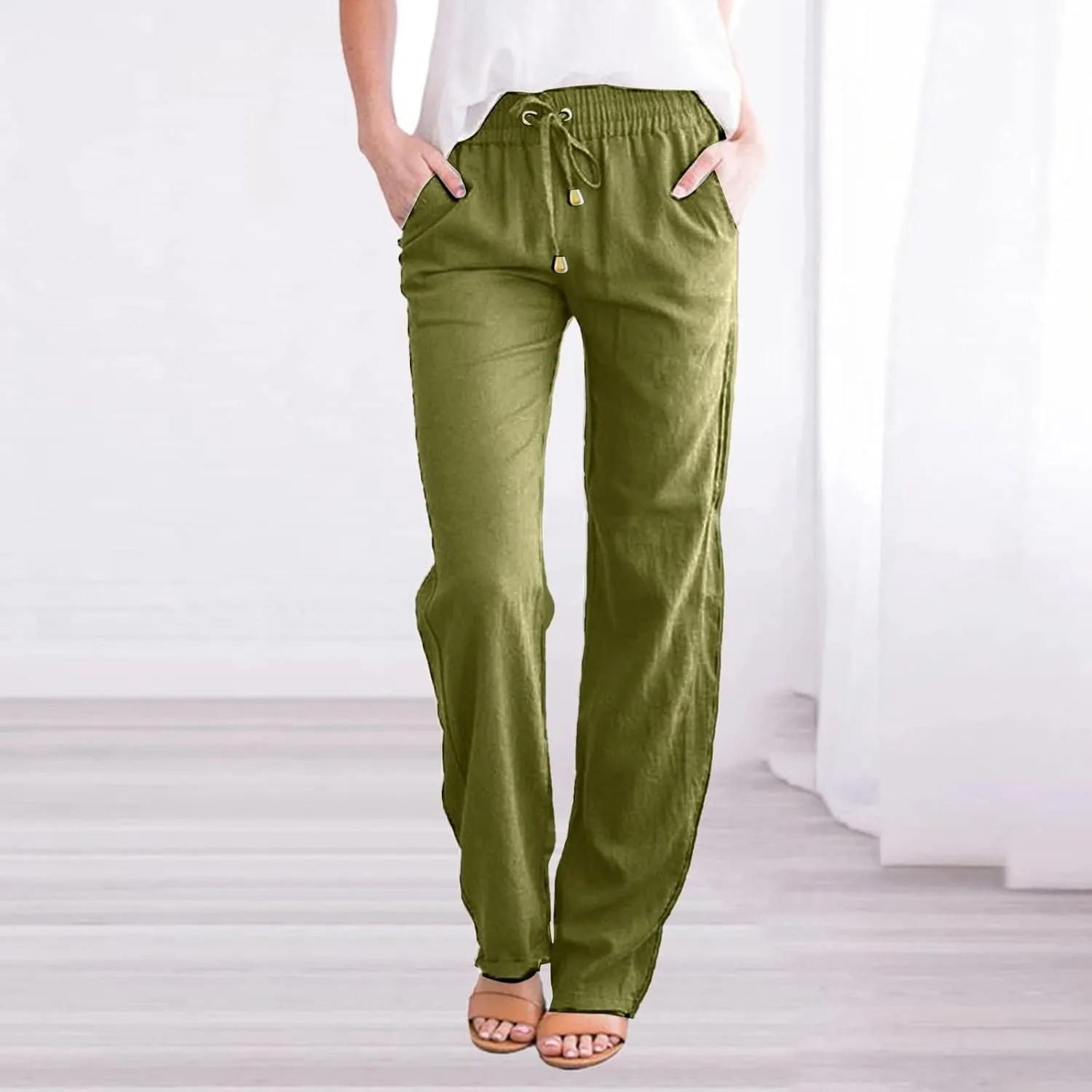 SHAOBGE Womens Casual Pants Straight Leg Drawstring Elastic High Waist Loose Comfy Trousers with Pockets Trendy Pants 2024