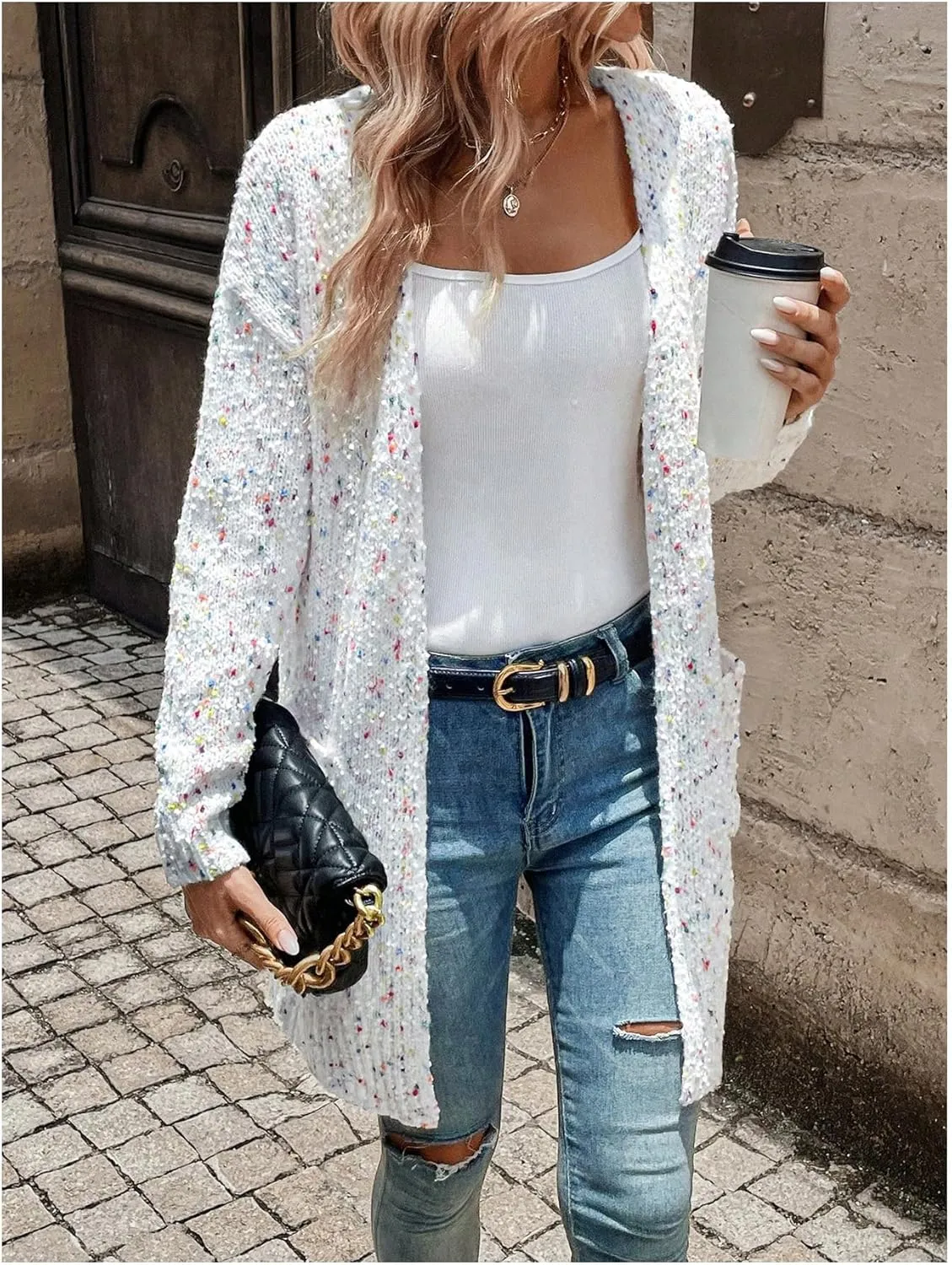 SHENHE Women's Open Front Colorful Chunky Knit Long Cardigan Sweater Coat with Pockets