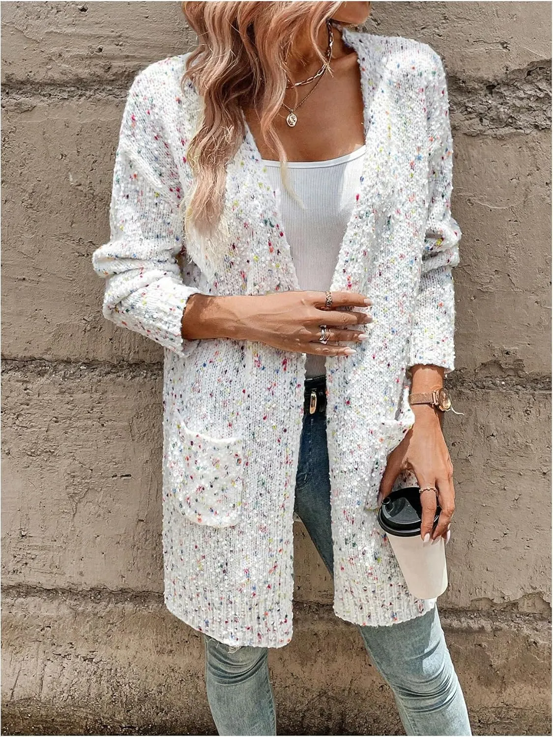 SHENHE Women's Open Front Colorful Chunky Knit Long Cardigan Sweater Coat with Pockets