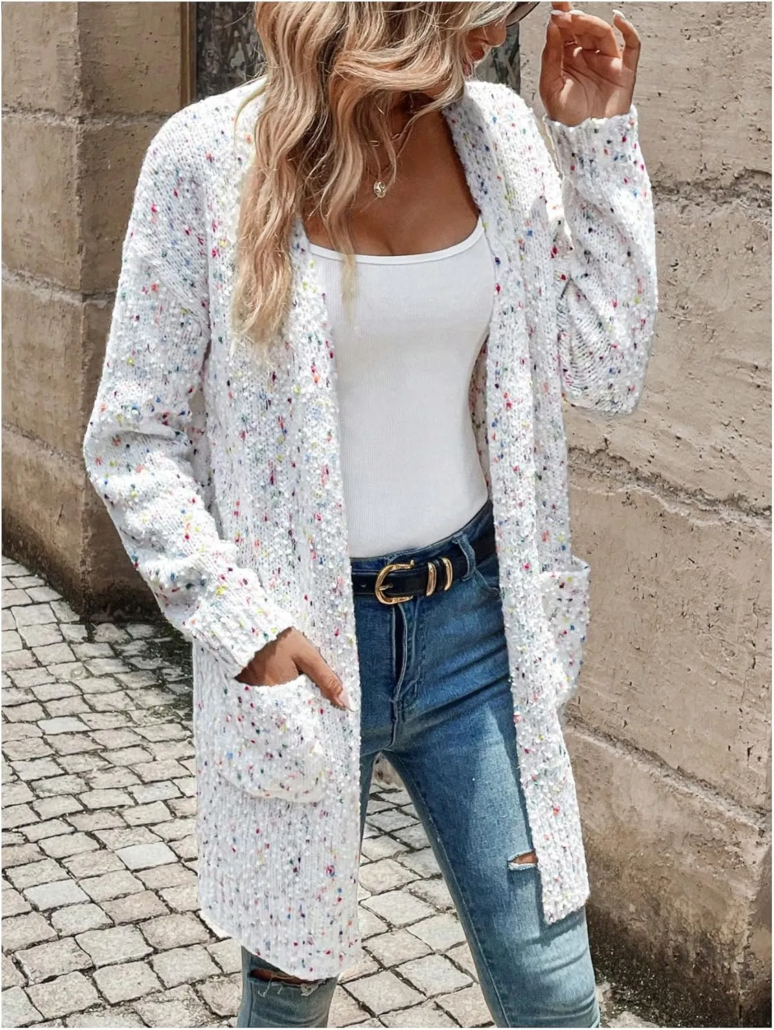 SHENHE Women's Open Front Colorful Chunky Knit Long Cardigan Sweater Coat with Pockets