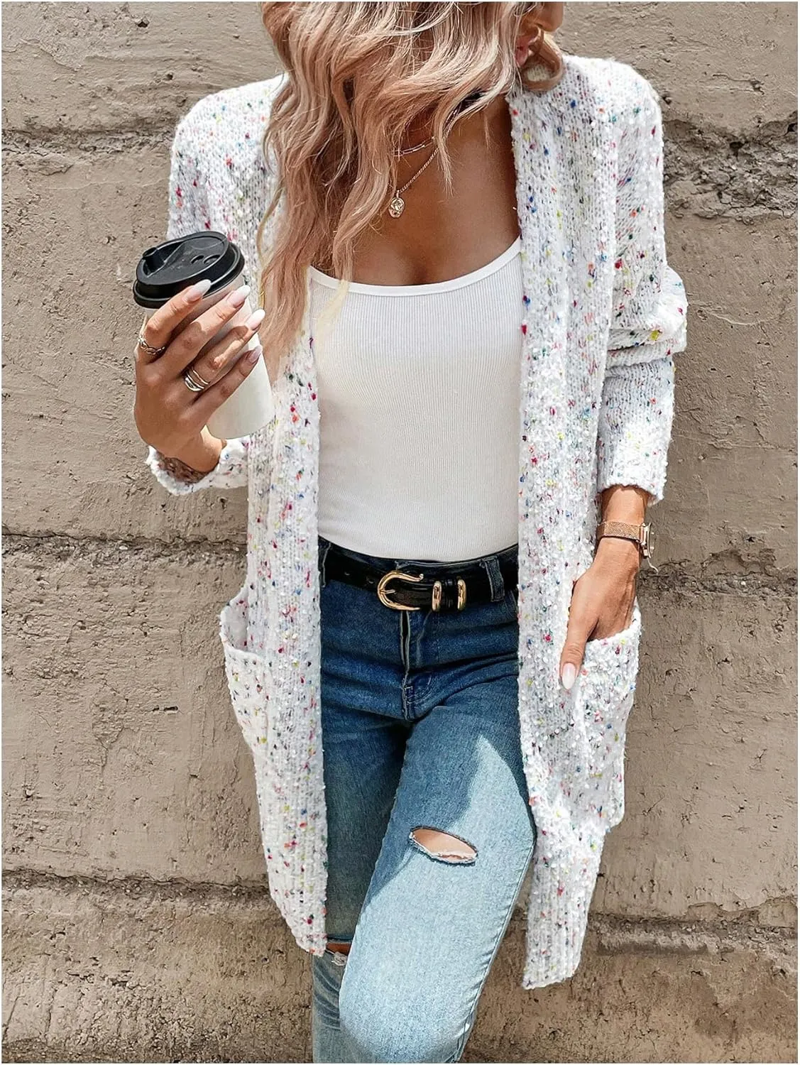 SHENHE Women's Open Front Colorful Chunky Knit Long Cardigan Sweater Coat with Pockets
