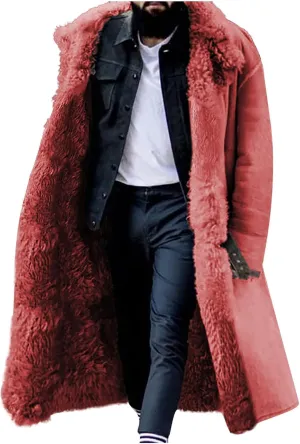 Sherpa Lined Long Jacket Men Faux Leather Shearling Jacket Fur Collar Trench Coats Winter Sheepskin Fleece Coat Pocket