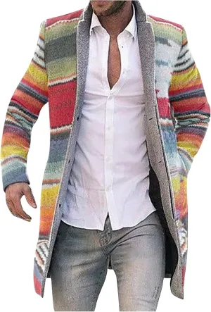 Sinzelimin Men's Cardigan Coat Fashion Printed Wool Blends Casual Long-sleeved Jacket Length Windbreaker Overcoat Trench