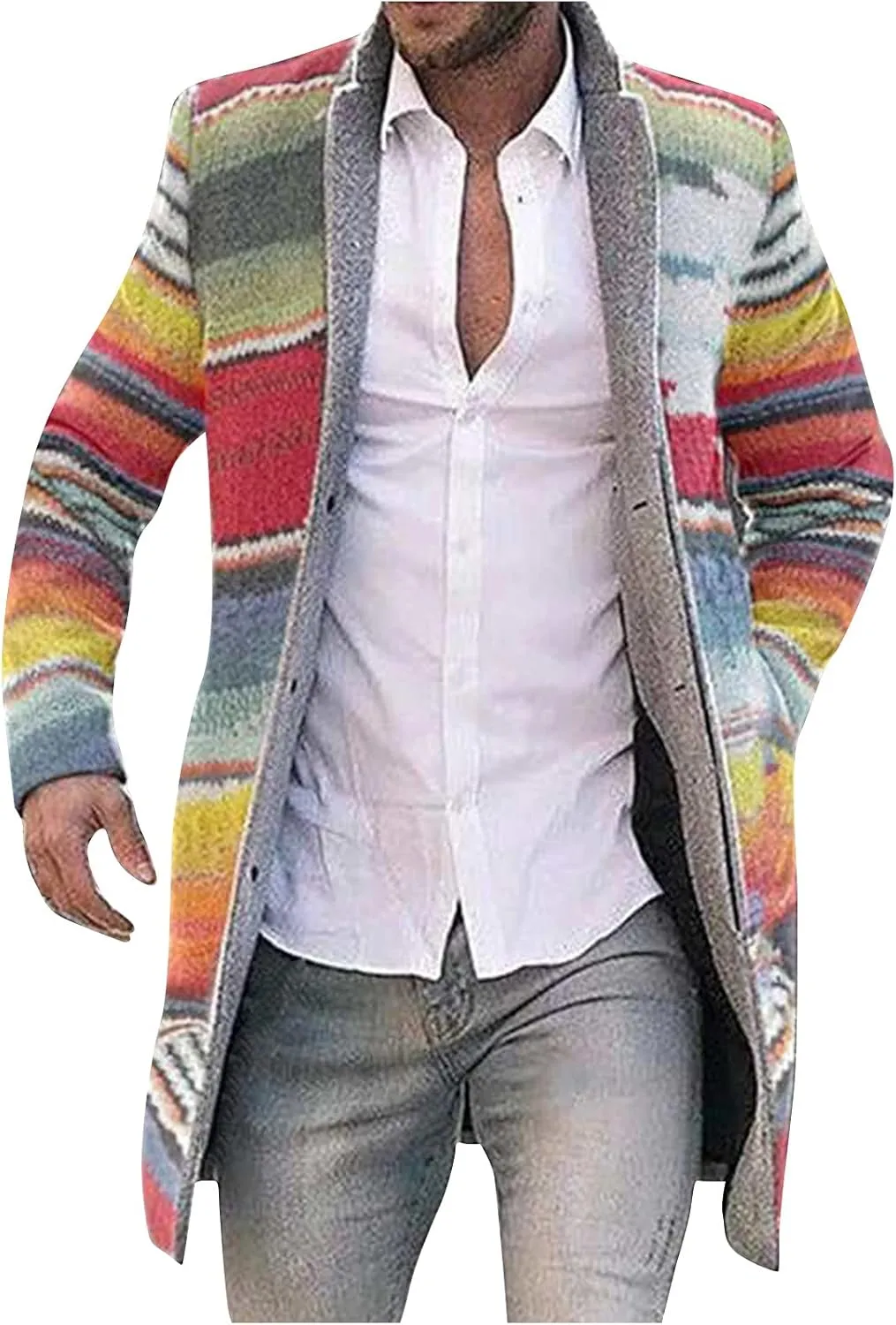 Sinzelimin Men's Cardigan Coat Fashion Printed Wool Blends Casual Long-sleeved Jacket Length Windbreaker Overcoat Trench