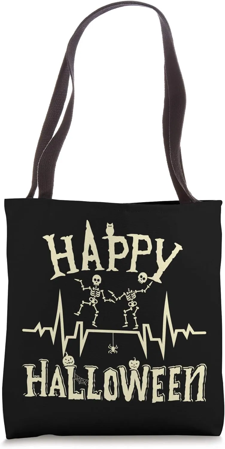 Skeleton Heartbeat Happy Halloween T-Shirt Doctor or Nurse Tote Bag