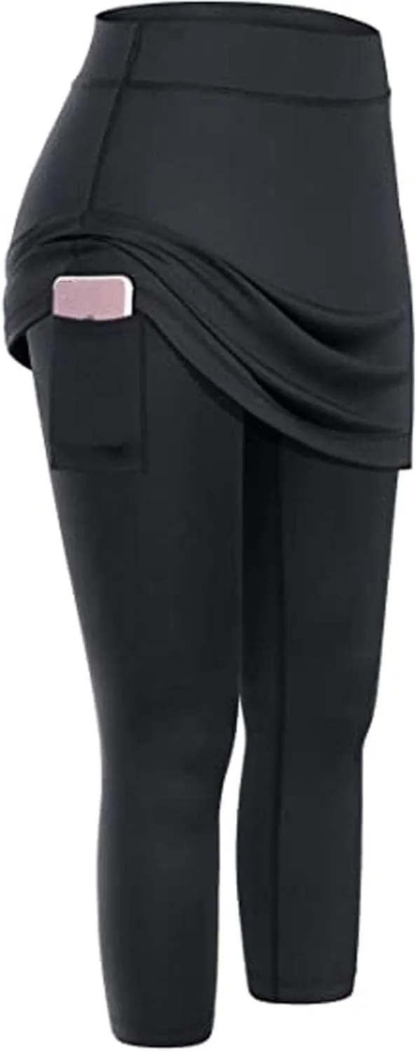 Skirted Legging for Women, Capris Legging with Skirt Workout Skirts with Pockets Yoga Pants Tennis Apparel