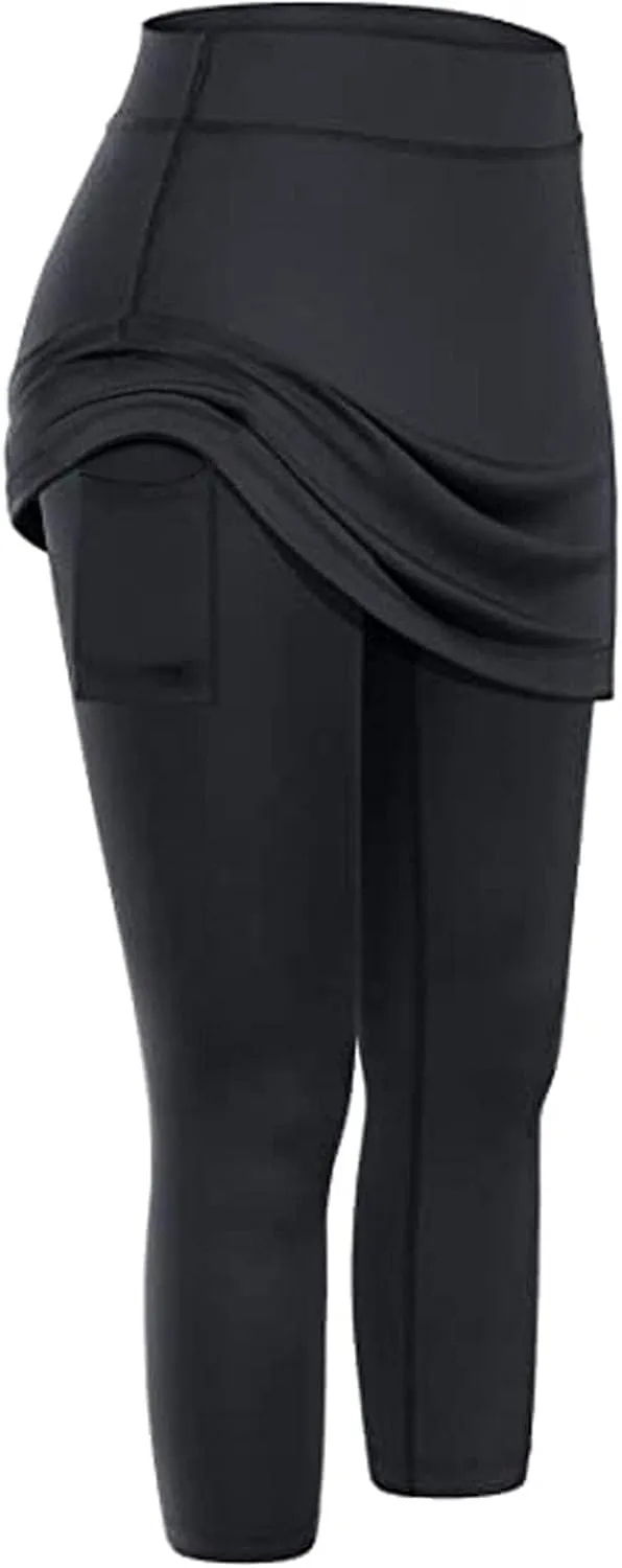 Skirted Legging for Women, Capris Legging with Skirt Workout Skirts with Pockets Yoga Pants Tennis Apparel
