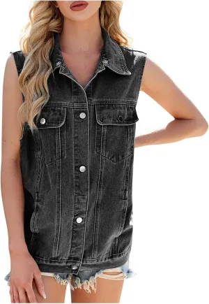 Sleeveless Denim Tank Tops for Women Lapel V-Neck T Shirts Loose Fit Basic Blouses Summer Vest 2025 Casual Camisole