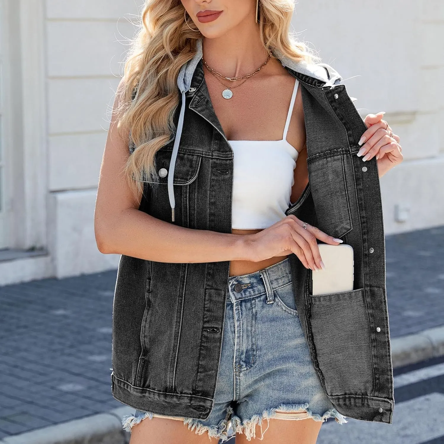 Sleeveless Denim Tank Tops for Women Lapel V-Neck T Shirts Loose Fit Basic Blouses Summer Vest 2025 Casual Camisole