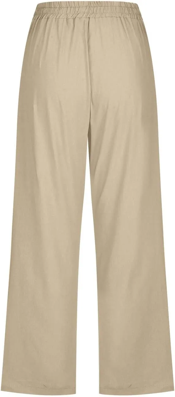 SMIDOW Capri Pants for Women Casual 2025 Summer Drawstring Elastic High Waist Linen Pant Straight Wide Leg Cropped Trouser