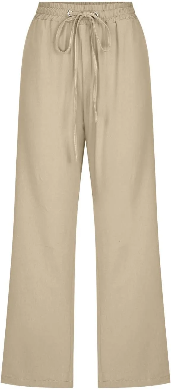 SMIDOW Capri Pants for Women Casual 2025 Summer Drawstring Elastic High Waist Linen Pant Straight Wide Leg Cropped Trouser