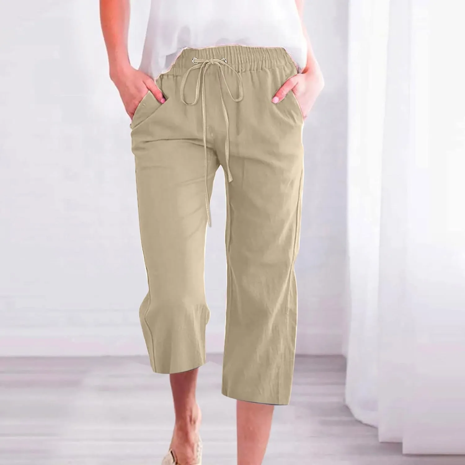 SMIDOW Capri Pants for Women Casual 2025 Summer Drawstring Elastic High Waist Linen Pant Straight Wide Leg Cropped Trouser