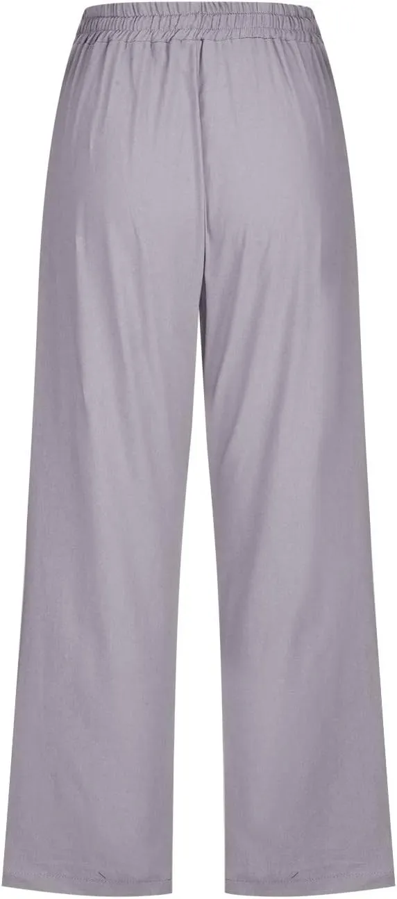 SMIDOW Capri Pants for Women Casual 2025 Summer Drawstring Elastic High Waist Linen Pant Straight Wide Leg Cropped Trouser