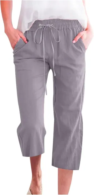 SMIDOW Capri Pants for Women Casual 2025 Summer Drawstring Elastic High Waist Linen Pant Straight Wide Leg Cropped Trouser