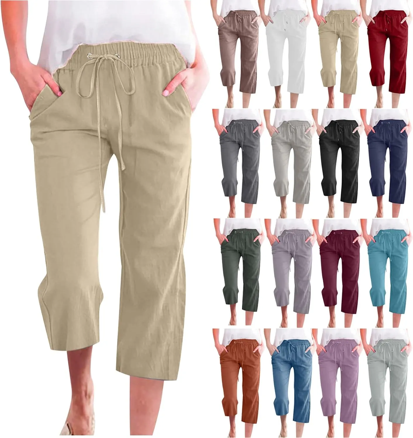SMIDOW Capri Pants for Women Casual 2025 Summer Drawstring Elastic High Waist Linen Pant Straight Wide Leg Cropped Trouser