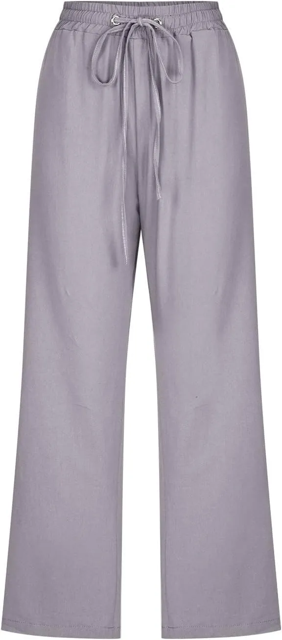 SMIDOW Capri Pants for Women Casual 2025 Summer Drawstring Elastic High Waist Linen Pant Straight Wide Leg Cropped Trouser