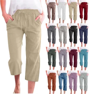 SMIDOW Capri Pants for Women Casual 2025 Summer Drawstring Elastic High Waist Linen Pant Straight Wide Leg Cropped Trouser