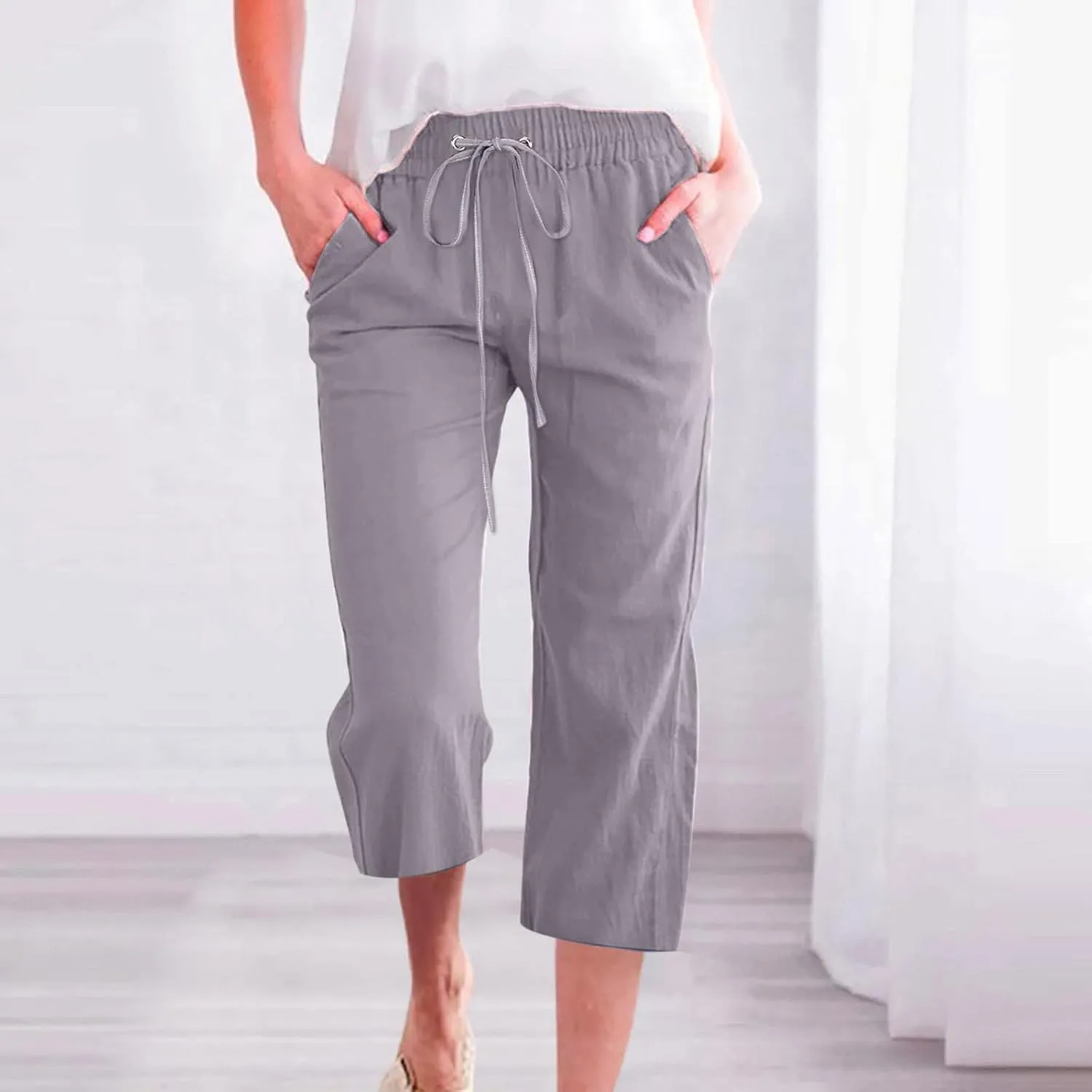 SMIDOW Capri Pants for Women Casual 2025 Summer Drawstring Elastic High Waist Linen Pant Straight Wide Leg Cropped Trouser
