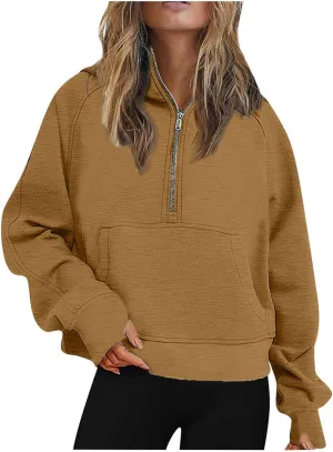 SMIDOW Womens Half Zip Cropped Pullover Sweatshirts Oversized Fleece Quarter Zipper Hoodies Fall Winter Clothes Thumb Hole