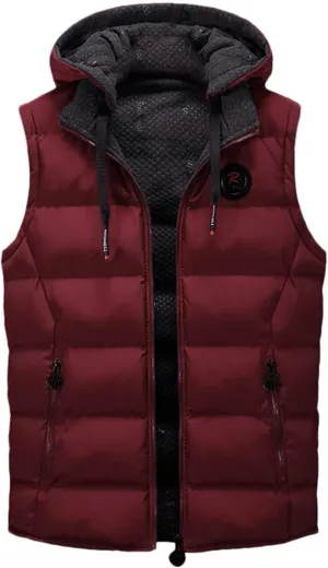 Soft Jacket Mens Mens Cotton Padded Sleeveless Jacket Full Zip Lightweight Thermal Hooded Down Vest for Men Fall Winter (Z2-Red, L) Mens Loose Fit Washed Duck Insulated Active Jacket