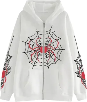 Spider Zip Up Hoodie for Women Y2K Gothic Grunge Long Sleeve Vintage Graphic Oversized Zipper Aesthetic Sweatshirt