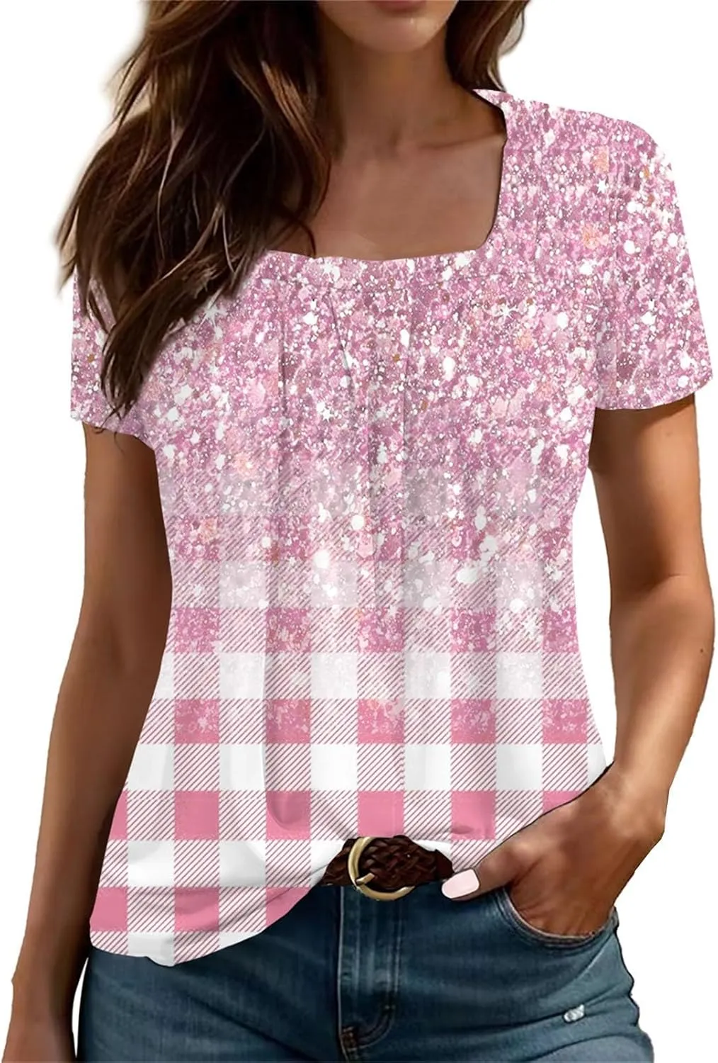 Square Neck Tops for Women Soft Cotton Short Sleeve Shirt Loose Fit Front Pleated Tops 2024 Trendy Summer Graphic Tee