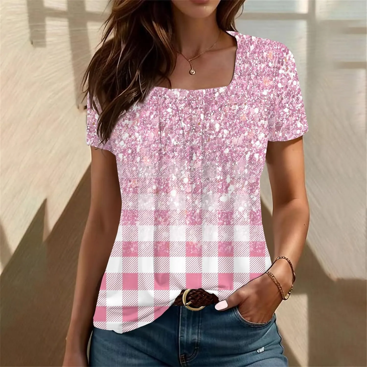 Square Neck Tops for Women Soft Cotton Short Sleeve Shirt Loose Fit Front Pleated Tops 2024 Trendy Summer Graphic Tee
