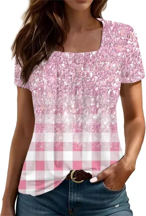 Square Neck Tops for Women Soft Cotton Short Sleeve Shirt Loose Fit Front Pleated Tops 2024 Trendy Summer Graphic Tee