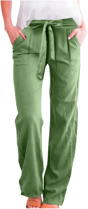 Straight Leg Linen Pants for Women Elastic Waist Drawstring Casual Pant Summer Lightweight Comfy Boho Beach Trousers