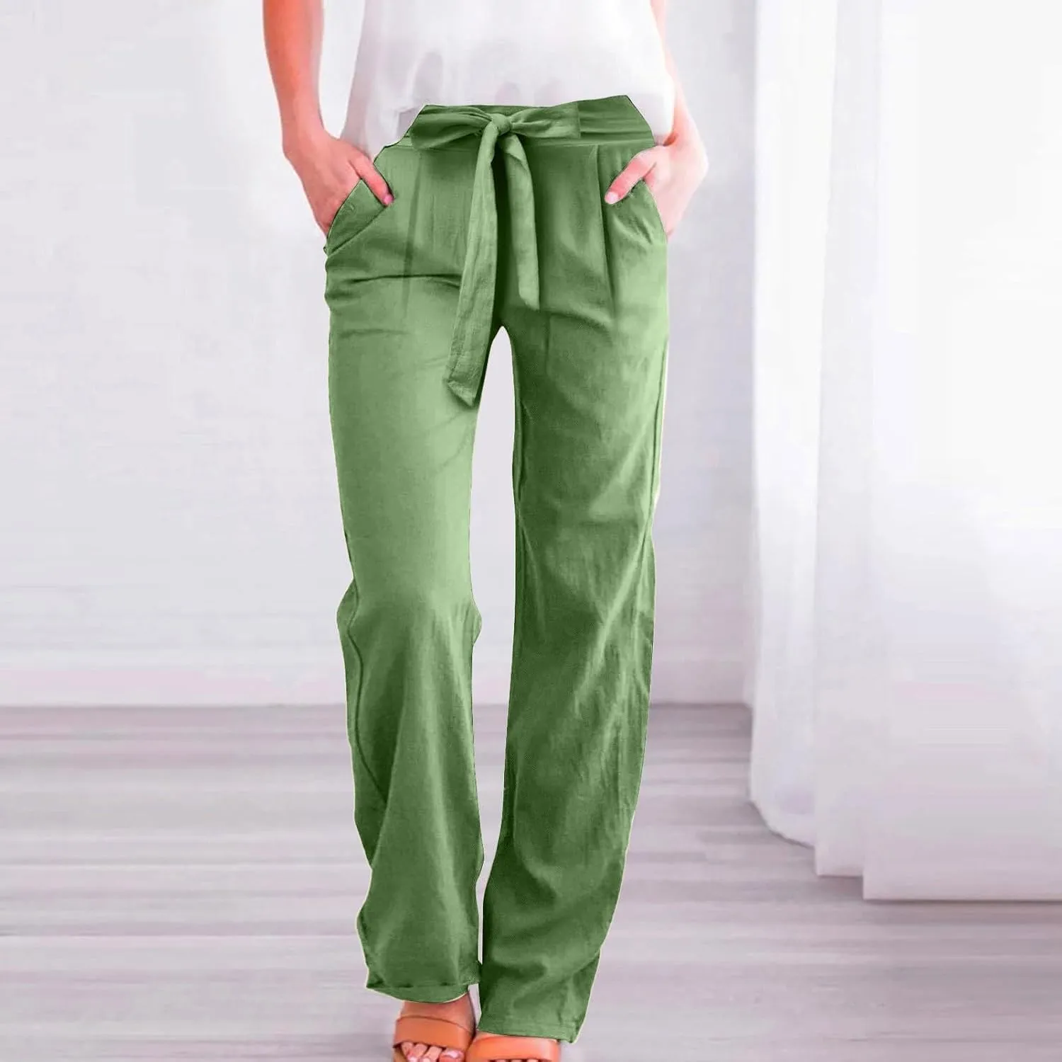 Straight Leg Linen Pants for Women Elastic Waist Drawstring Casual Pant Summer Lightweight Comfy Boho Beach Trousers