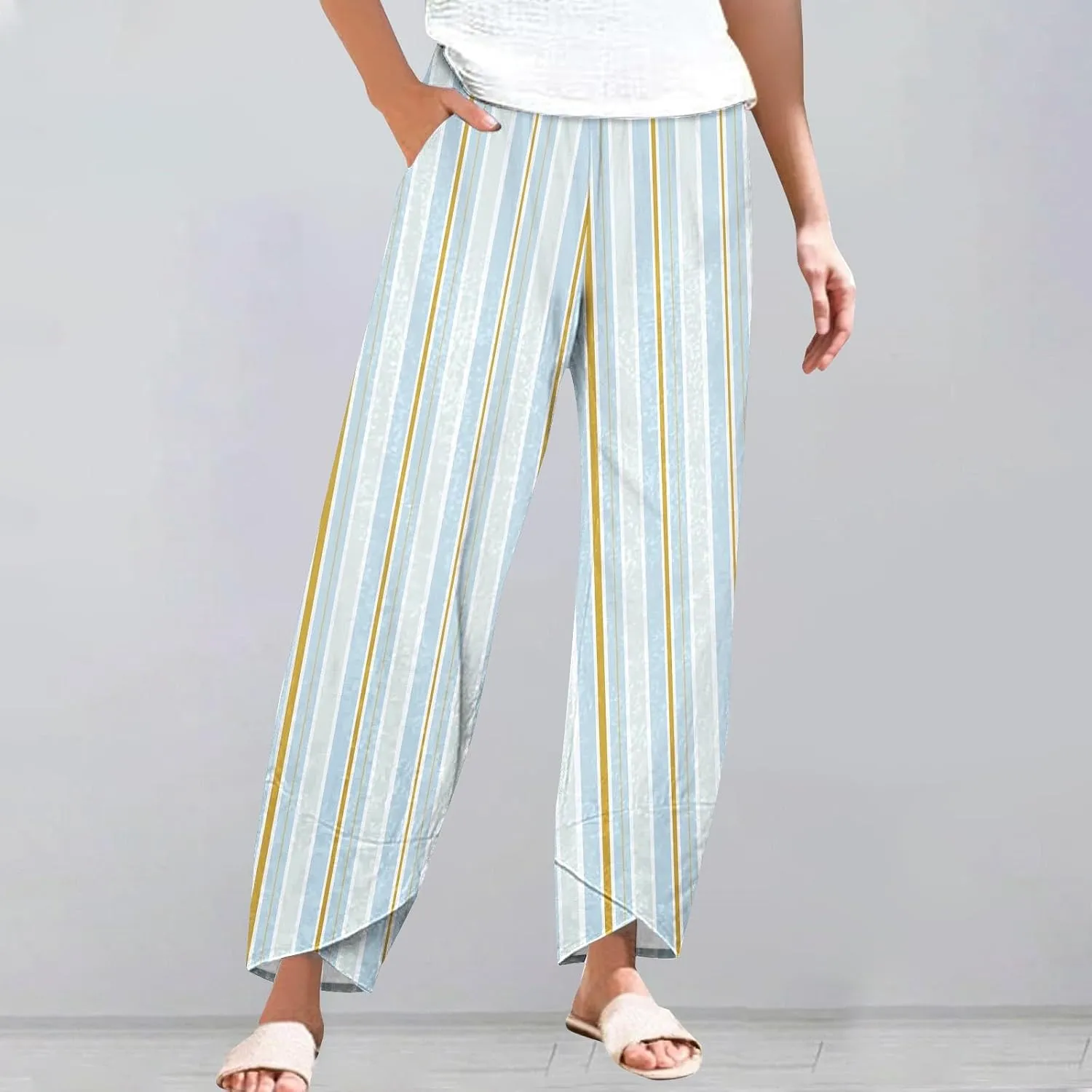 Striped Linen Pants for Women Summer Casual Wide Leg Capri Trousers with Pockets Beach Pull On Cropped Palazzo Pant