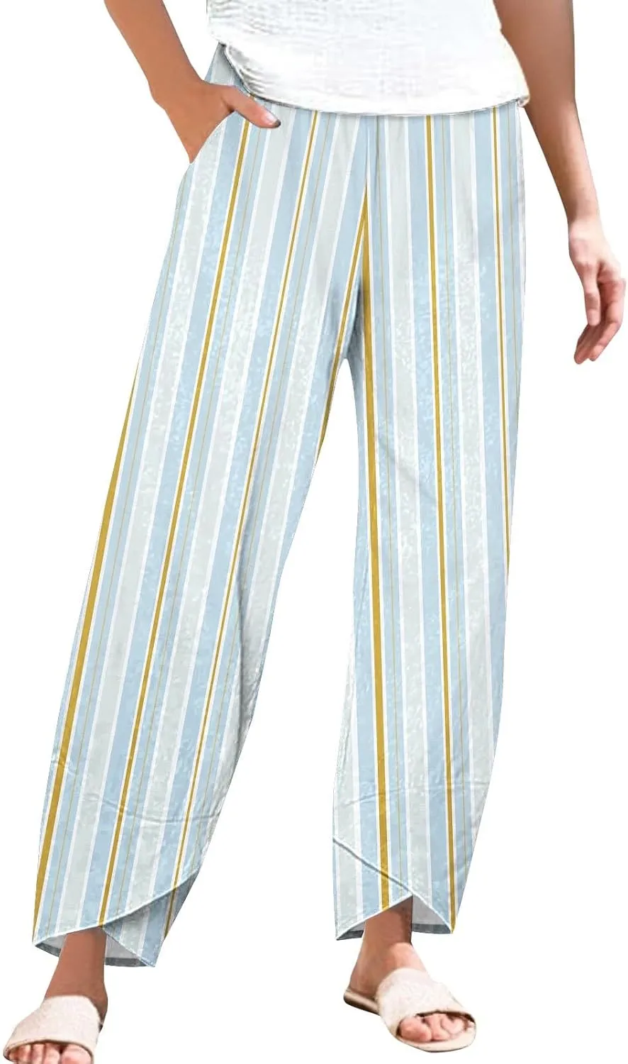 Striped Linen Pants for Women Summer Casual Wide Leg Capri Trousers with Pockets Beach Pull On Cropped Palazzo Pant