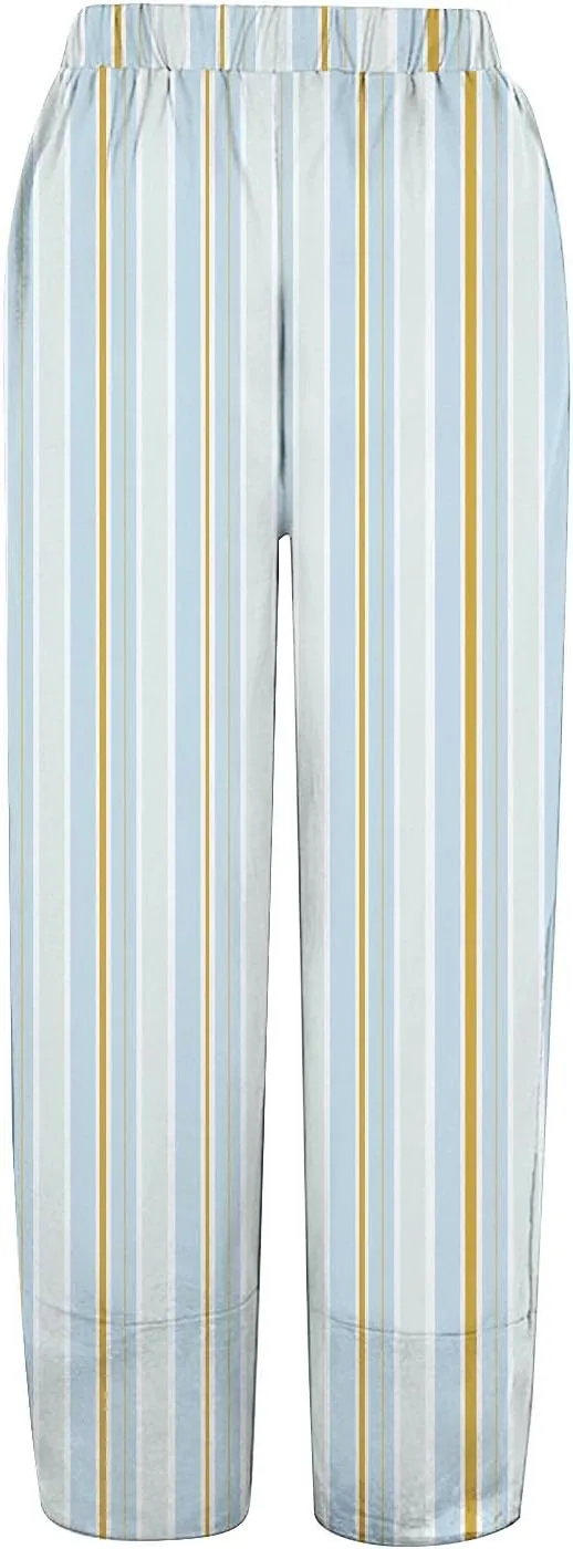 Striped Linen Pants for Women Summer Casual Wide Leg Capri Trousers with Pockets Beach Pull On Cropped Palazzo Pant