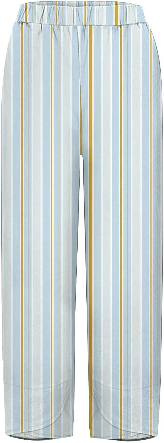 Striped Linen Pants for Women Summer Casual Wide Leg Capri Trousers with Pockets Beach Pull On Cropped Palazzo Pant