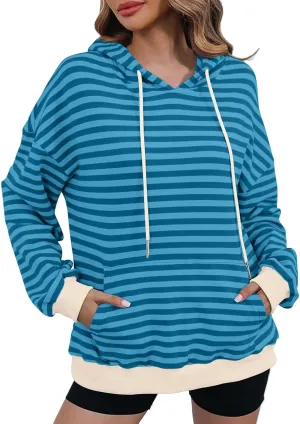 Striped Sweatshirt for Women Long Sleeve Hooded Sweatshirt Oversized Sweatshirt with Drawstring Fashion Hoodie